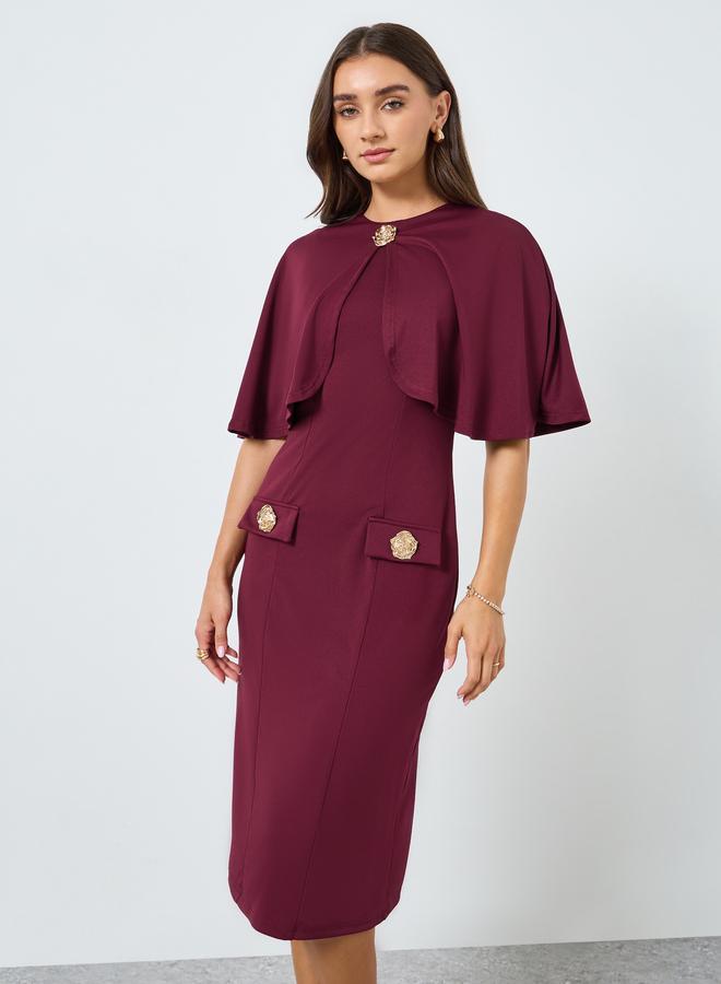 Styli Women Burgundy Cape Sleeve Bodycon Midi Dress - Image 2